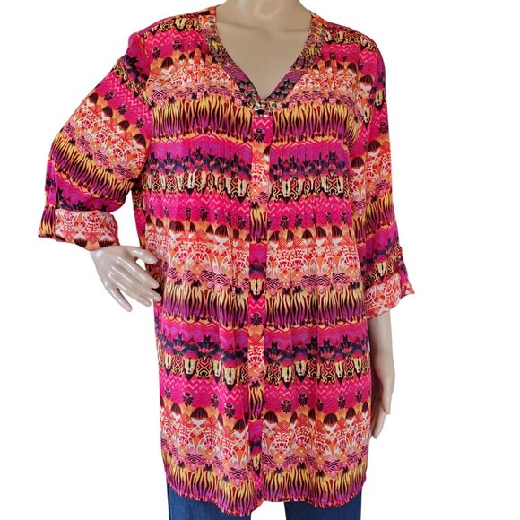 NOTATIONS Tunic Top Women's XL Pullover V Neck Snap Tab Sleeves Aztec Floral - Picture 8 of 12